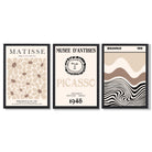Set of 3 Picasso Matisse Bauhaus Modern Beige Framed Wall Art with Black Wooden Frames