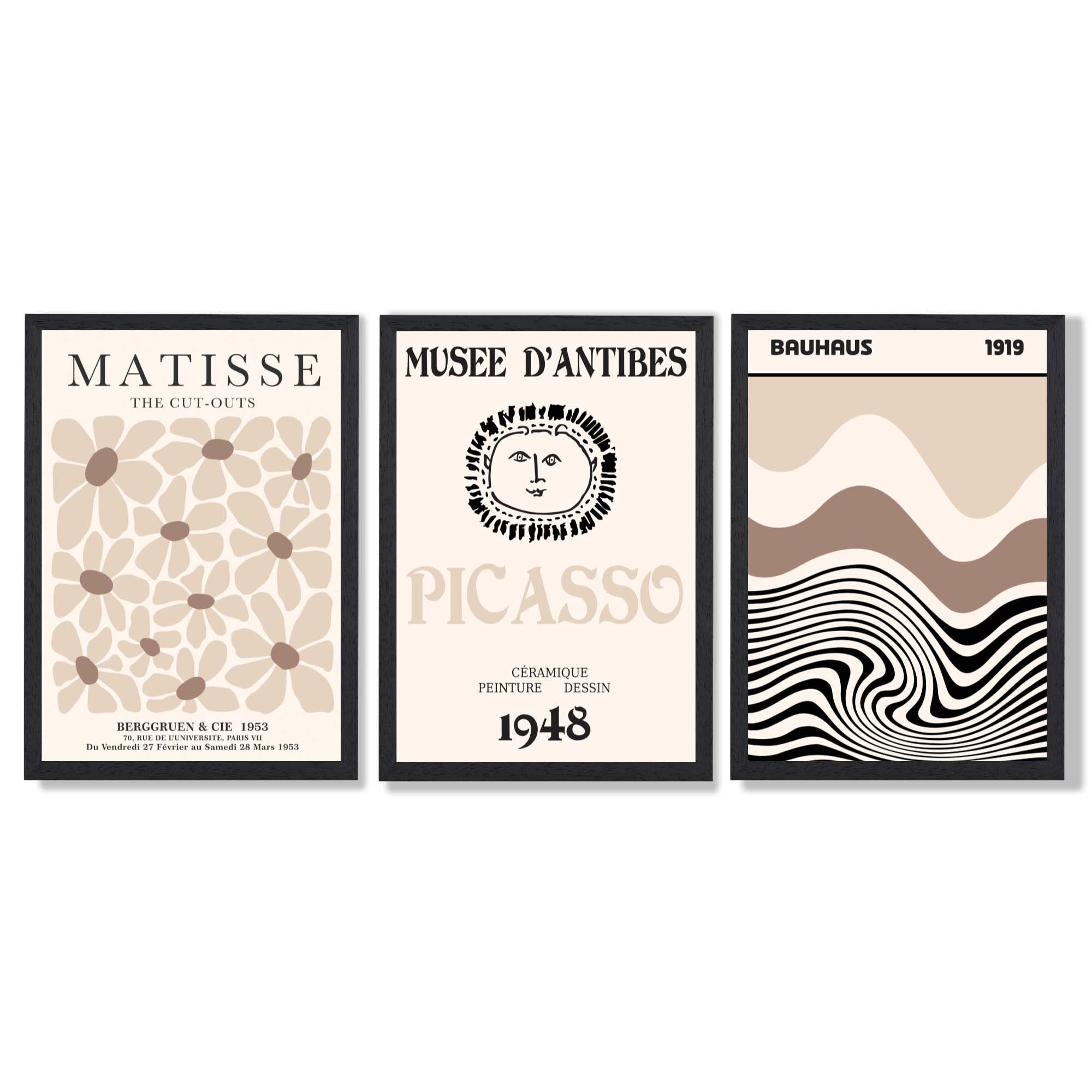 Set of 3 Picasso Matisse Bauhaus Modern Beige Framed Wall Art with Black Wooden Frames