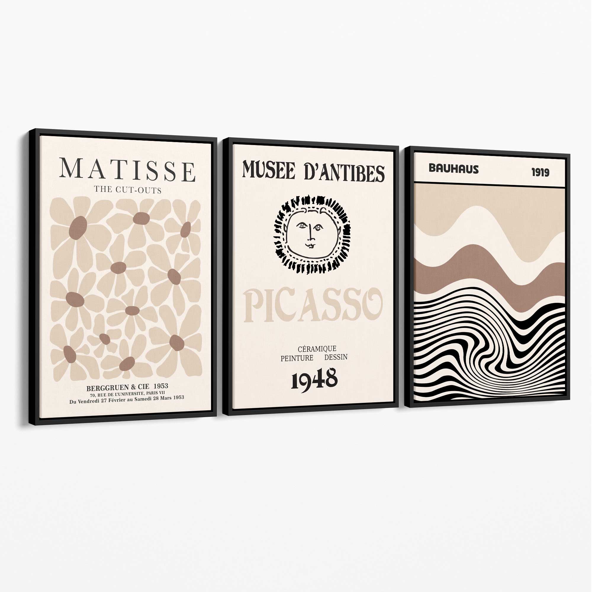 Set of 3 Picasso Matisse Bauhaus Modern Beige Canvas Prints with Black Float Frame