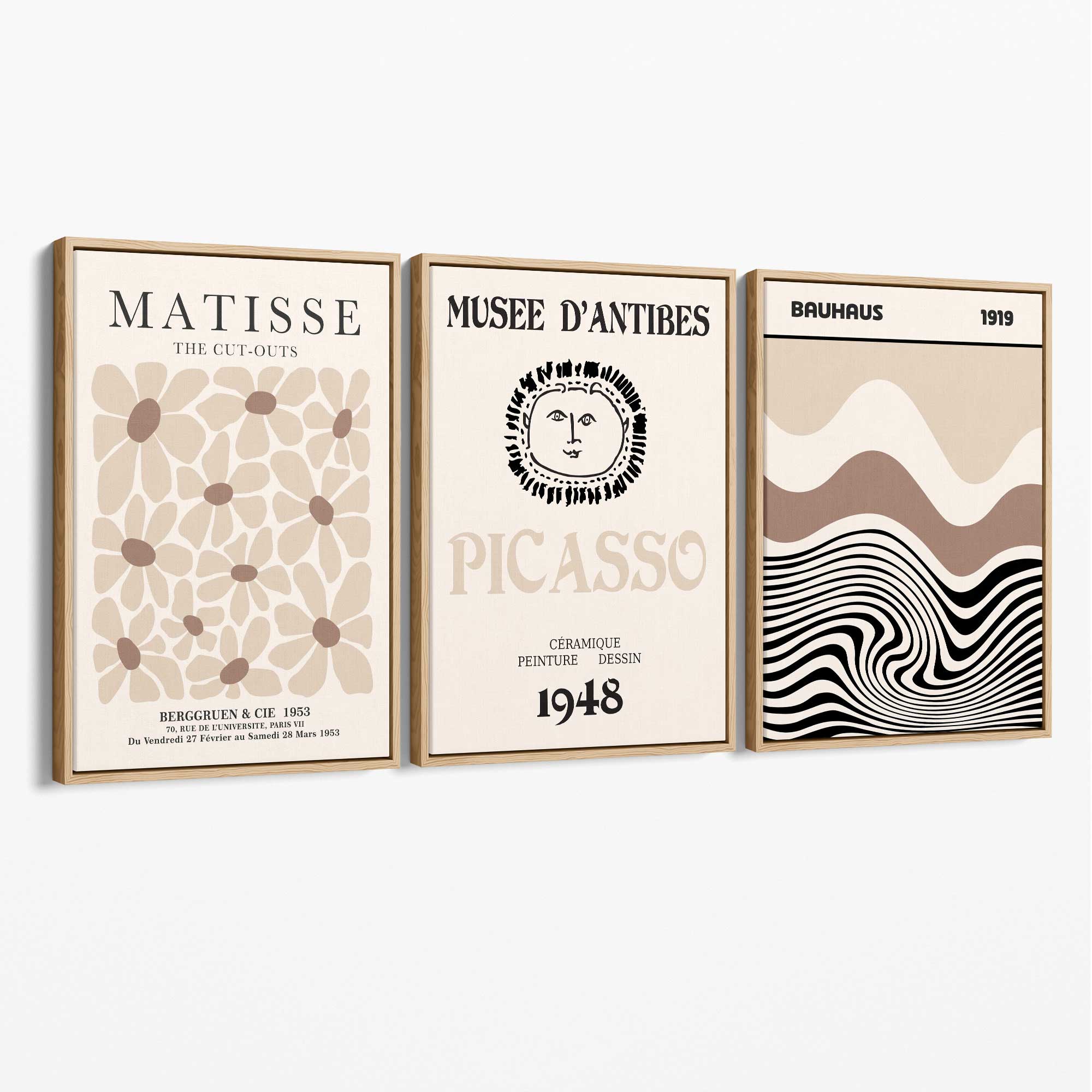 Set of 3 Picasso Matisse Bauhaus Modern Beige Canvas Prints with Oak Float Frame