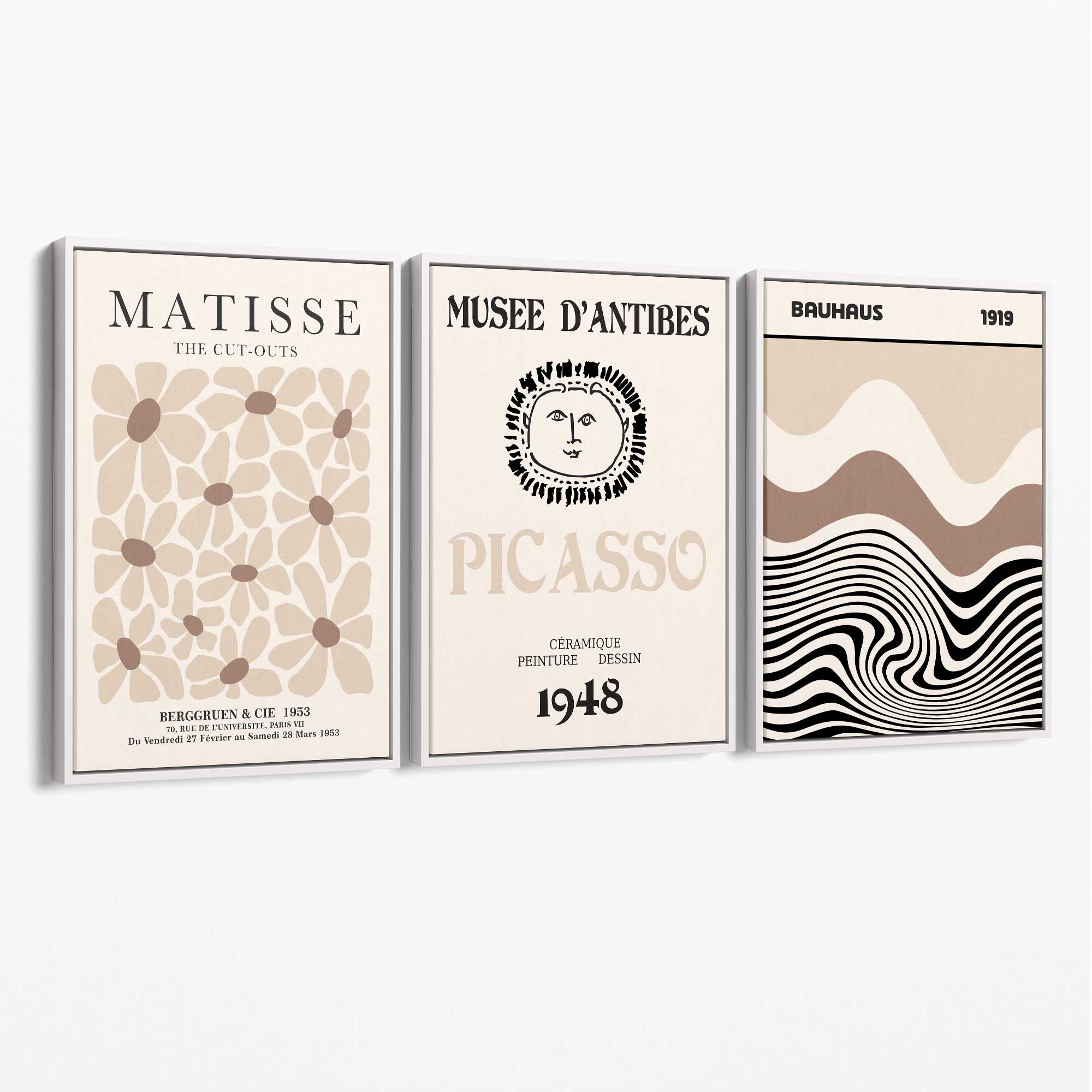 Set of 3 Picasso Matisse Bauhaus Modern Beige Canvas Prints with White Float Frame