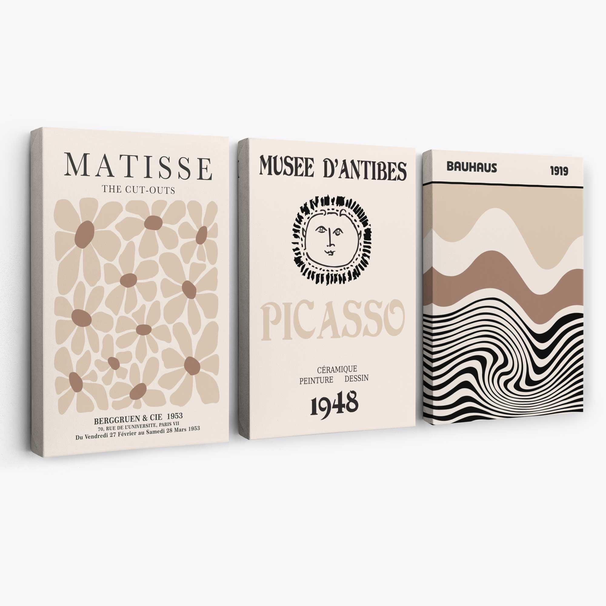 Set of 3 Picasso Matisse Bauhaus Modern Beige Canvas Prints | Artze Wall Art