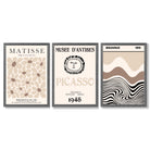 Set of 3 Picasso Matisse Bauhaus Modern Beige Framed Wall Art with Dark Grey Wooden Frames