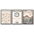 Set of 3 Picasso Matisse Bauhaus Modern Beige Framed Wall Art with Dark Wood Frames