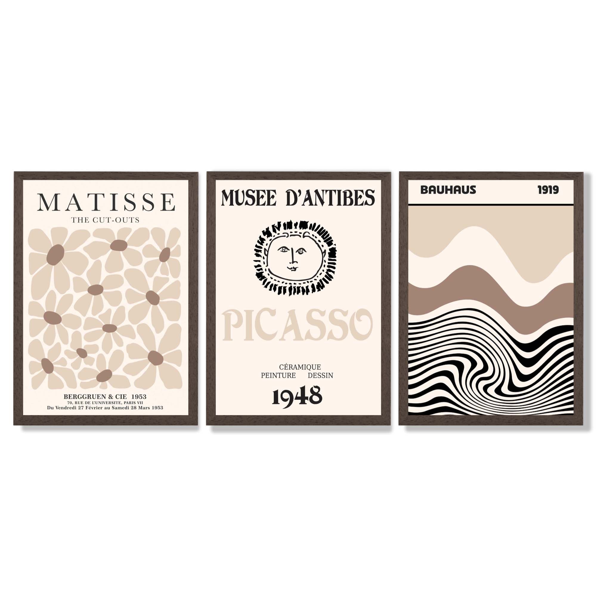 Set of 3 Picasso Matisse Bauhaus Modern Beige Framed Wall Art with Dark Wood Frames