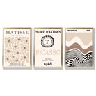 Set of 3 Picasso Matisse Bauhaus Modern Beige Framed Wall Art with Gold Wood Frames