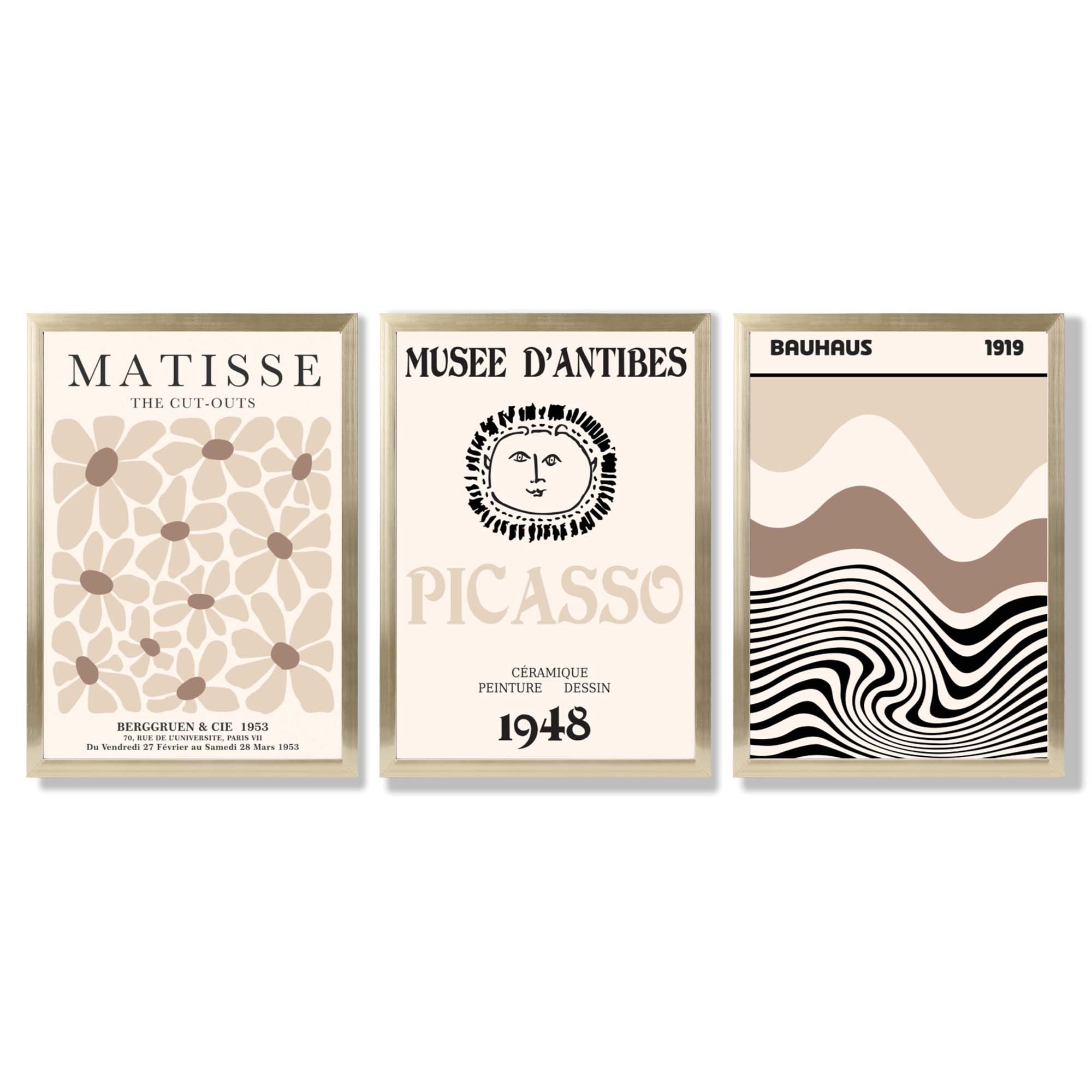 Set of 3 Picasso Matisse Bauhaus Modern Beige Framed Wall Art with Gold Wood Frames