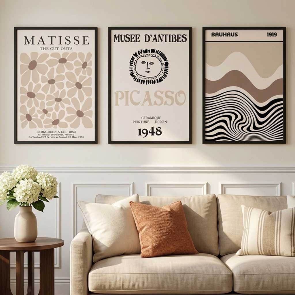 Set of 3 Picasso Matisse Bauhaus Modern Beige Art Prints in Black Frames | Artze UK