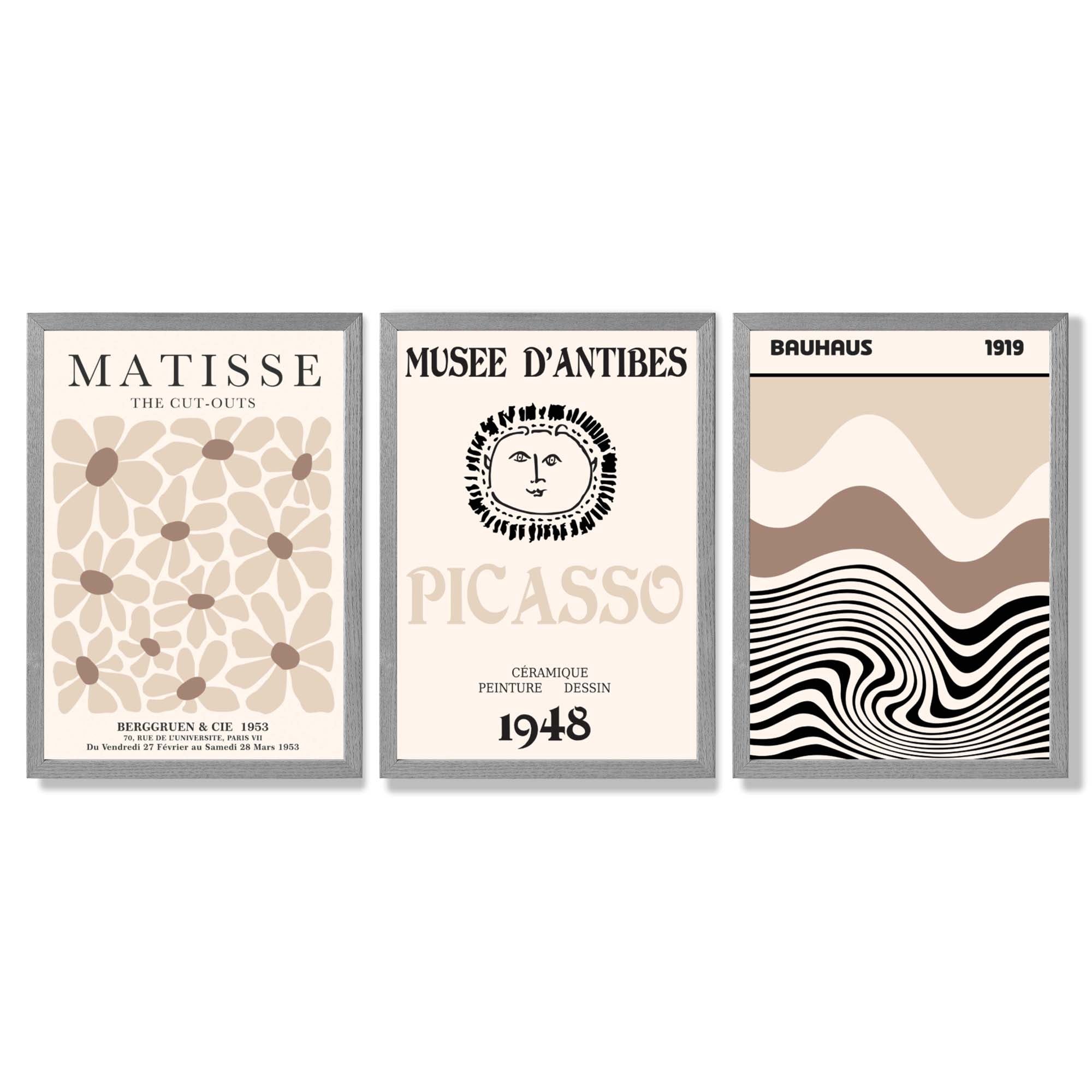 Set of 3 Picasso Matisse Bauhaus Modern Beige Framed Wall Art with Light Grey Wooden Frames