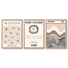 Set of 3 Picasso Matisse Bauhaus Modern Beige Framed Wall Art with Light Oak Frames