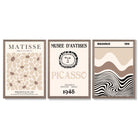 Set of 3 Picasso Matisse Bauhaus Modern Beige Framed Wall Art with Light Walnut Frames