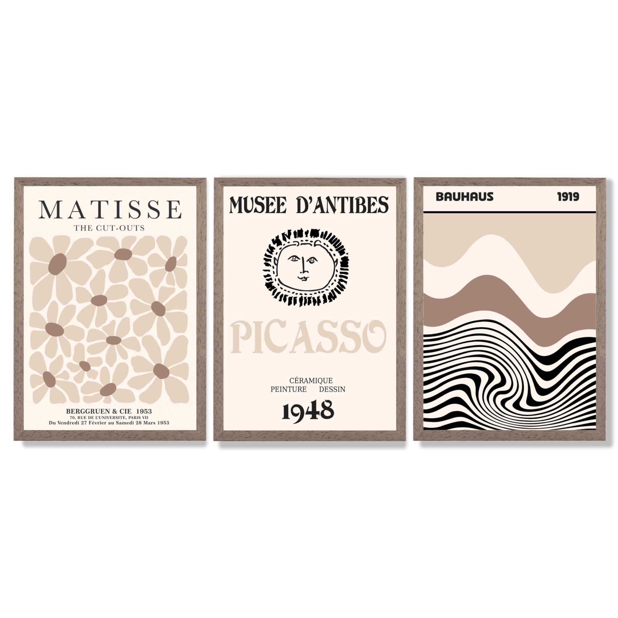 Set of 3 Picasso Matisse Bauhaus Modern Beige Framed Wall Art with Light Walnut Frames