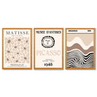 Set of 3 Picasso Matisse Bauhaus Modern Beige Framed Wall Art with Oak Wooden Frames