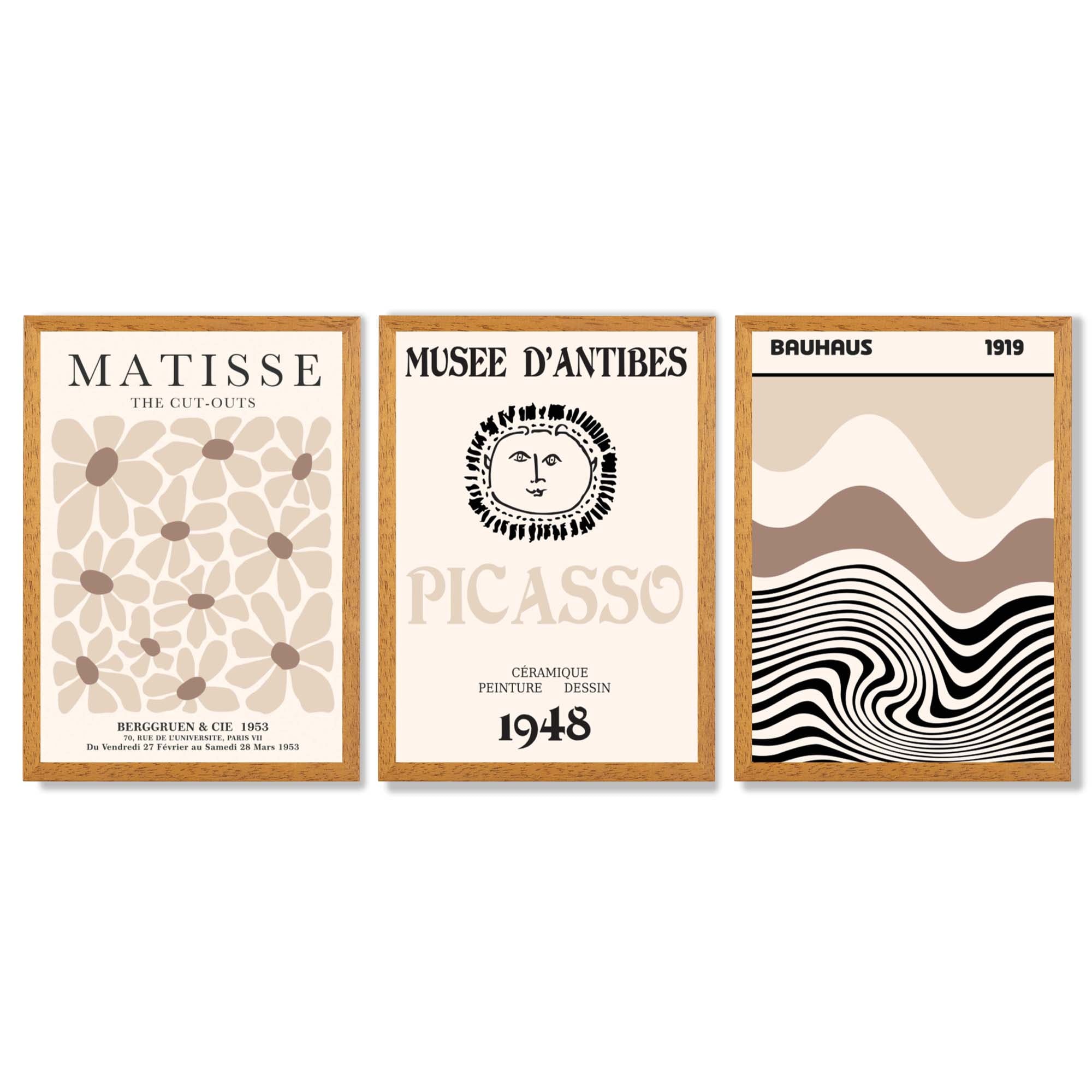 Set of 3 Picasso Matisse Bauhaus Modern Beige Framed Wall Art with Oak Wooden Frames