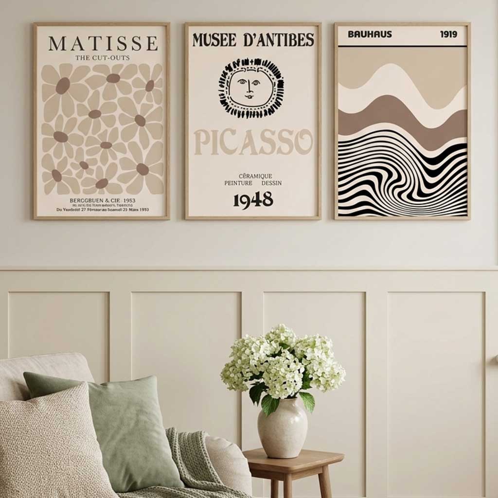 Set of 3 Picasso Matisse Bauhaus Modern Beige Art Prints in Oak Frames | Artze UK