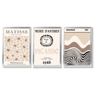 Set of 3 Picasso Matisse Bauhaus Modern Beige Framed Wall Art with Silver Wood Frames