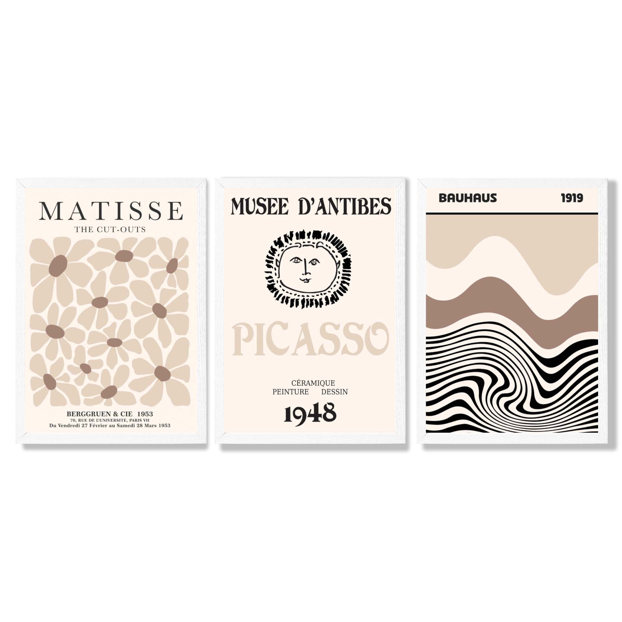Set of 3 Picasso Matisse Bauhaus Modern Beige Framed Wall Art with White Wooden Frames