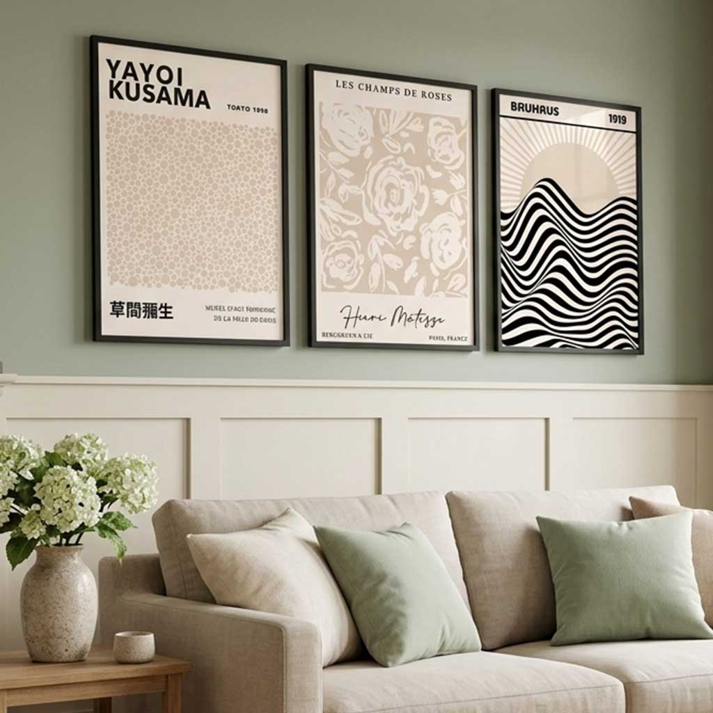 Set of 3 Kusama Japandi Modern Beige Framed Wall Art with Black Wooden Frames