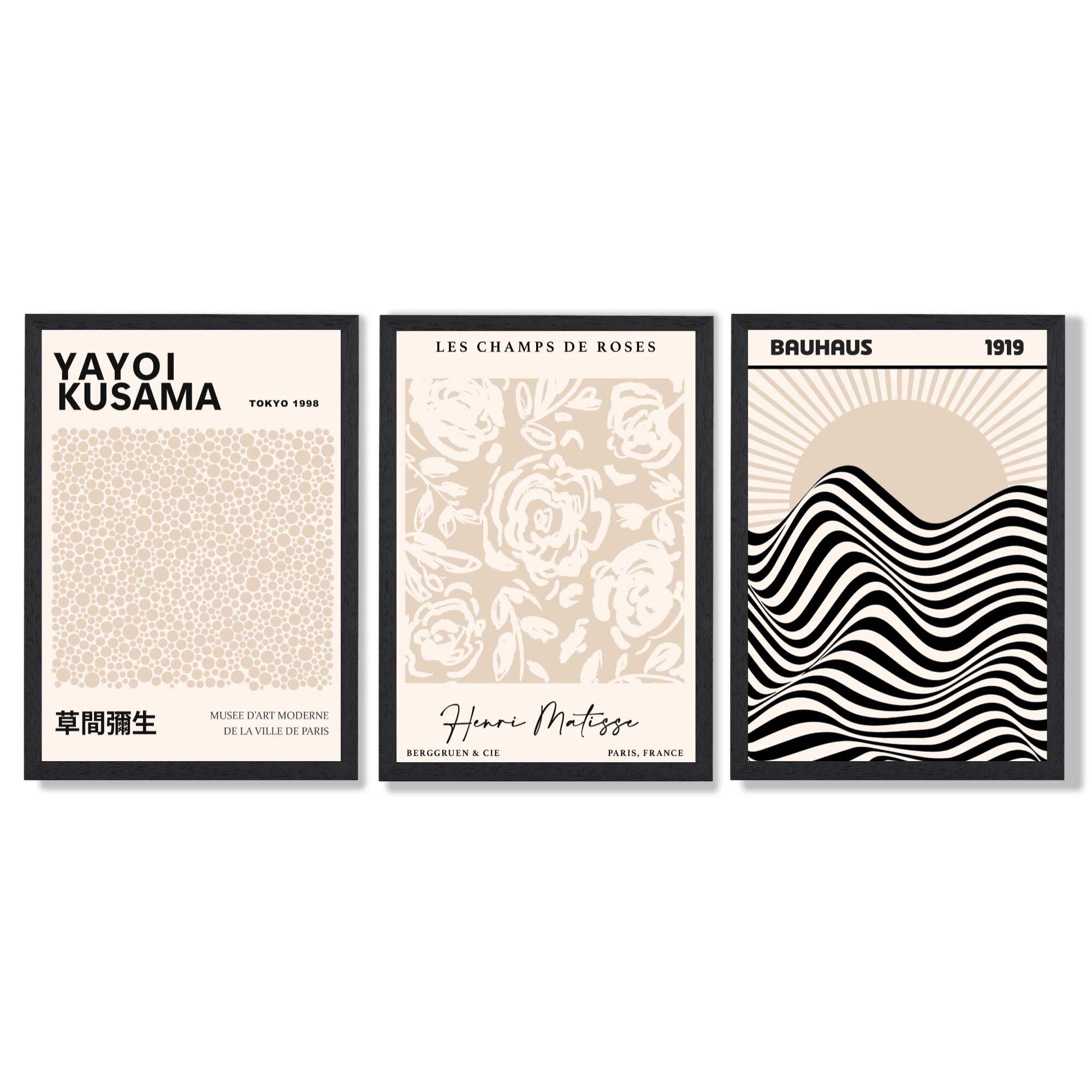 Set of 3 Kusama Japandi Modern Beige Framed Wall Art with Black Wooden Frames