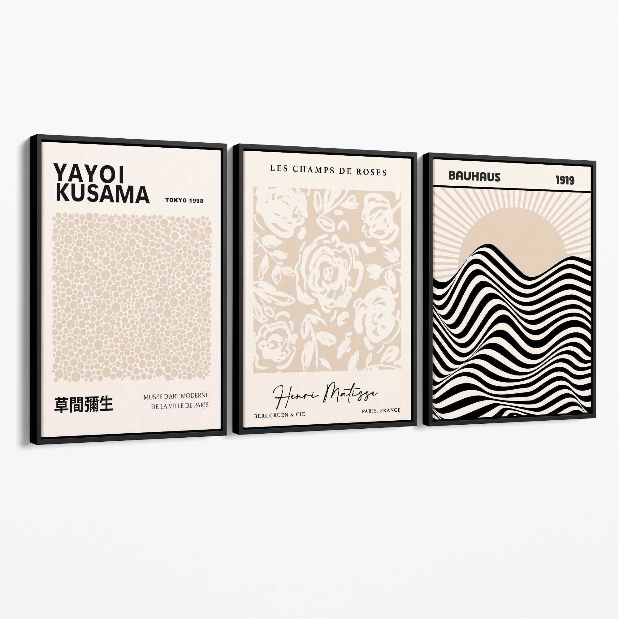 Set of 3 Kusama Japandi Modern Beige Canvas Prints with Black Float Frame