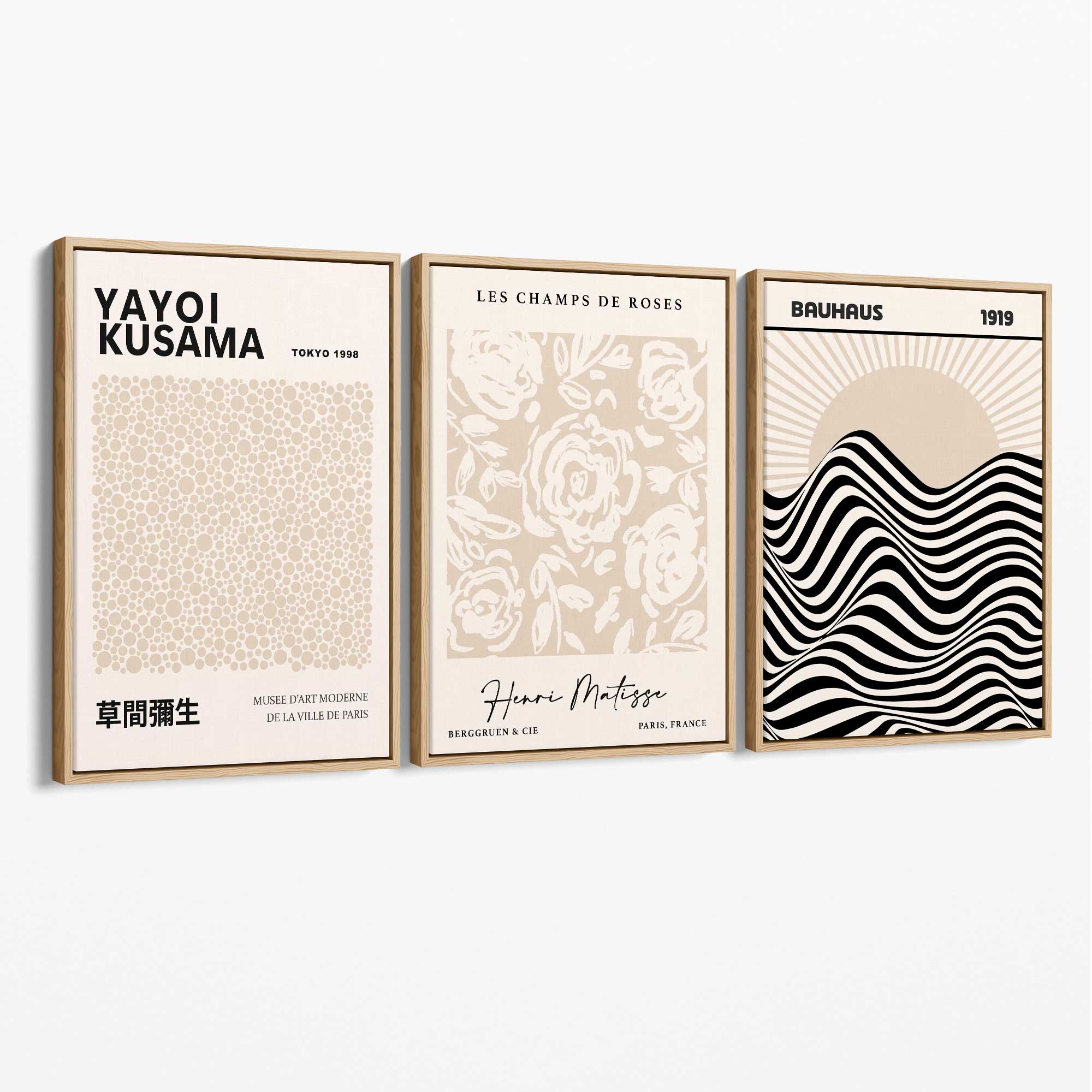 Set of 3 Kusama Japandi Modern Beige Canvas Prints with Oak Float Frame