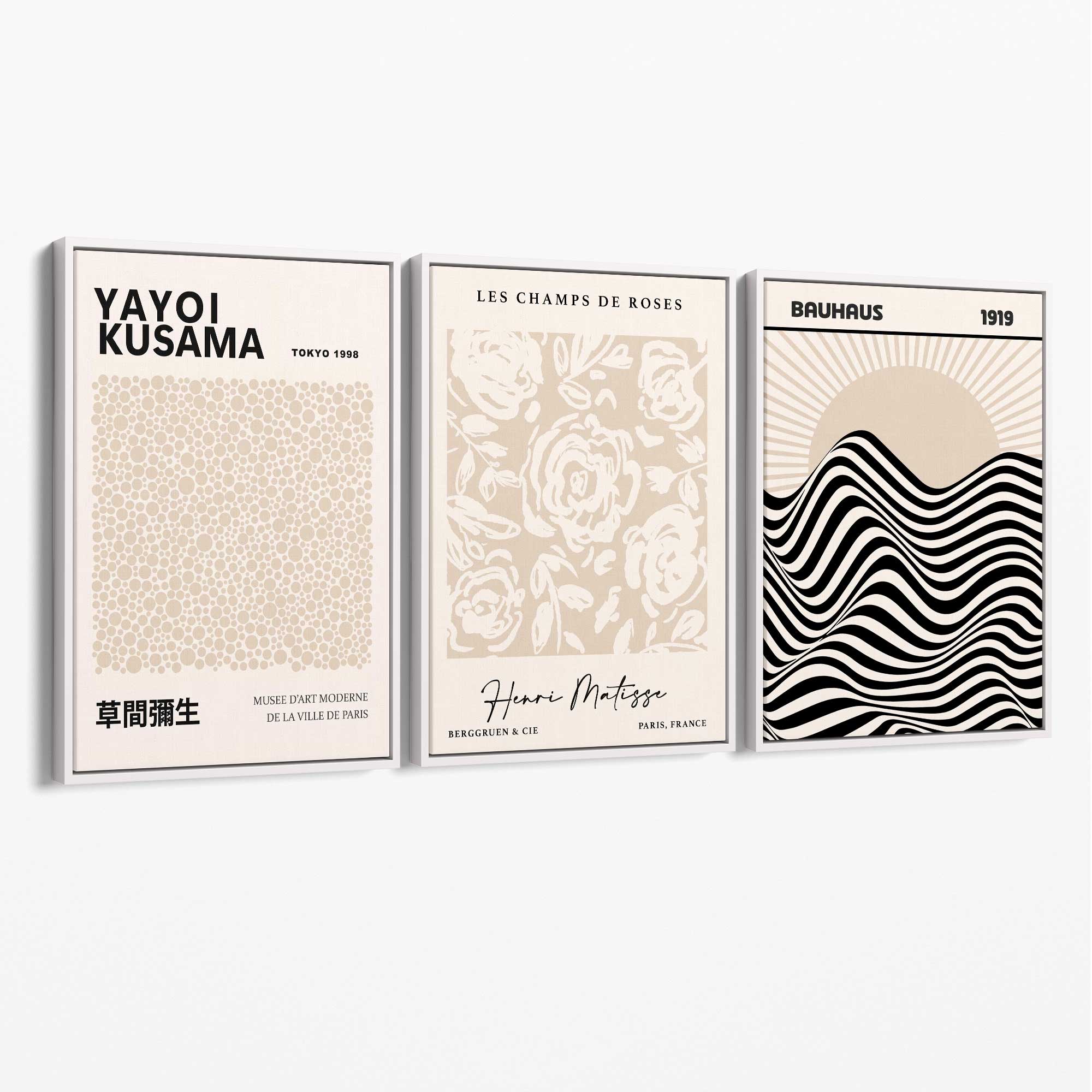 Set of 3 Kusama Japandi Modern Beige Canvas Prints with White Float Frame