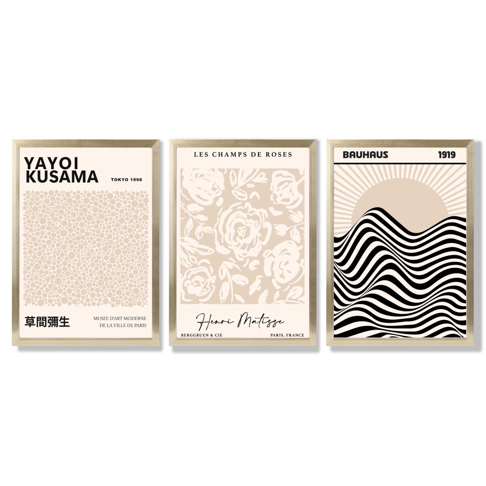 Set of 3 Kusama Japandi Modern Beige Framed Wall Art with Gold Wood Frames