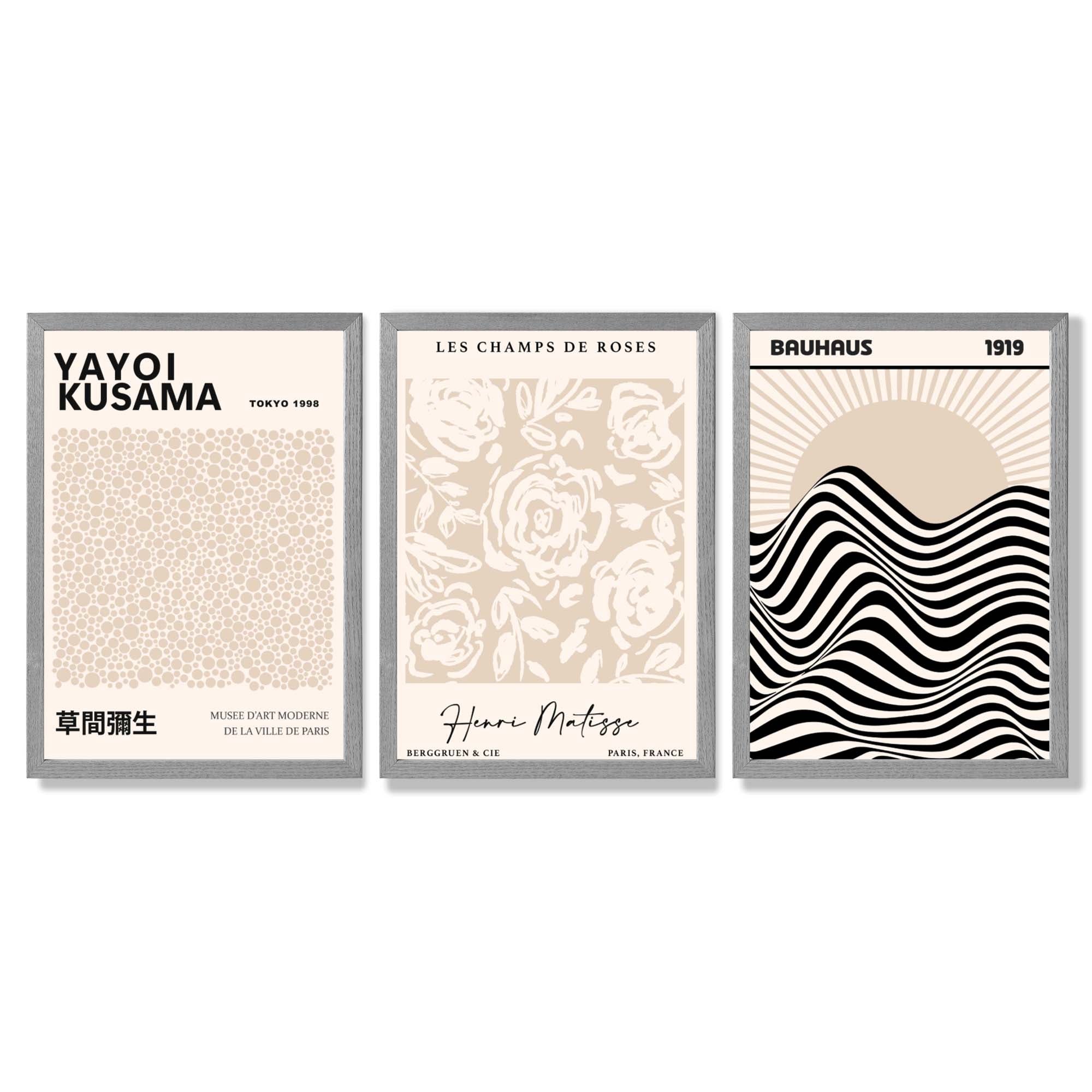 Set of 3 Kusama Japandi Modern Beige Framed Wall Art with Light Grey Wooden Frames