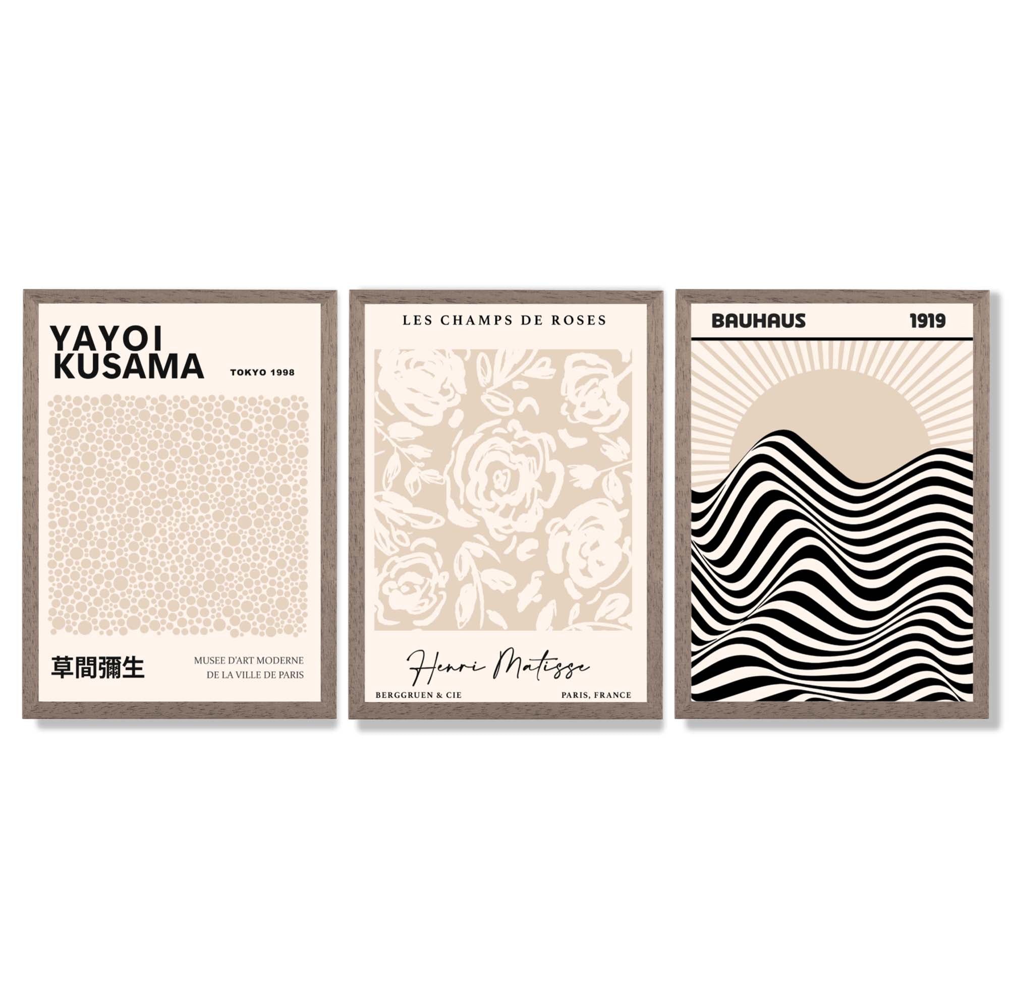 Set of 3 Kusama Japandi Modern Beige Framed Wall Art with Light Walnut Frames