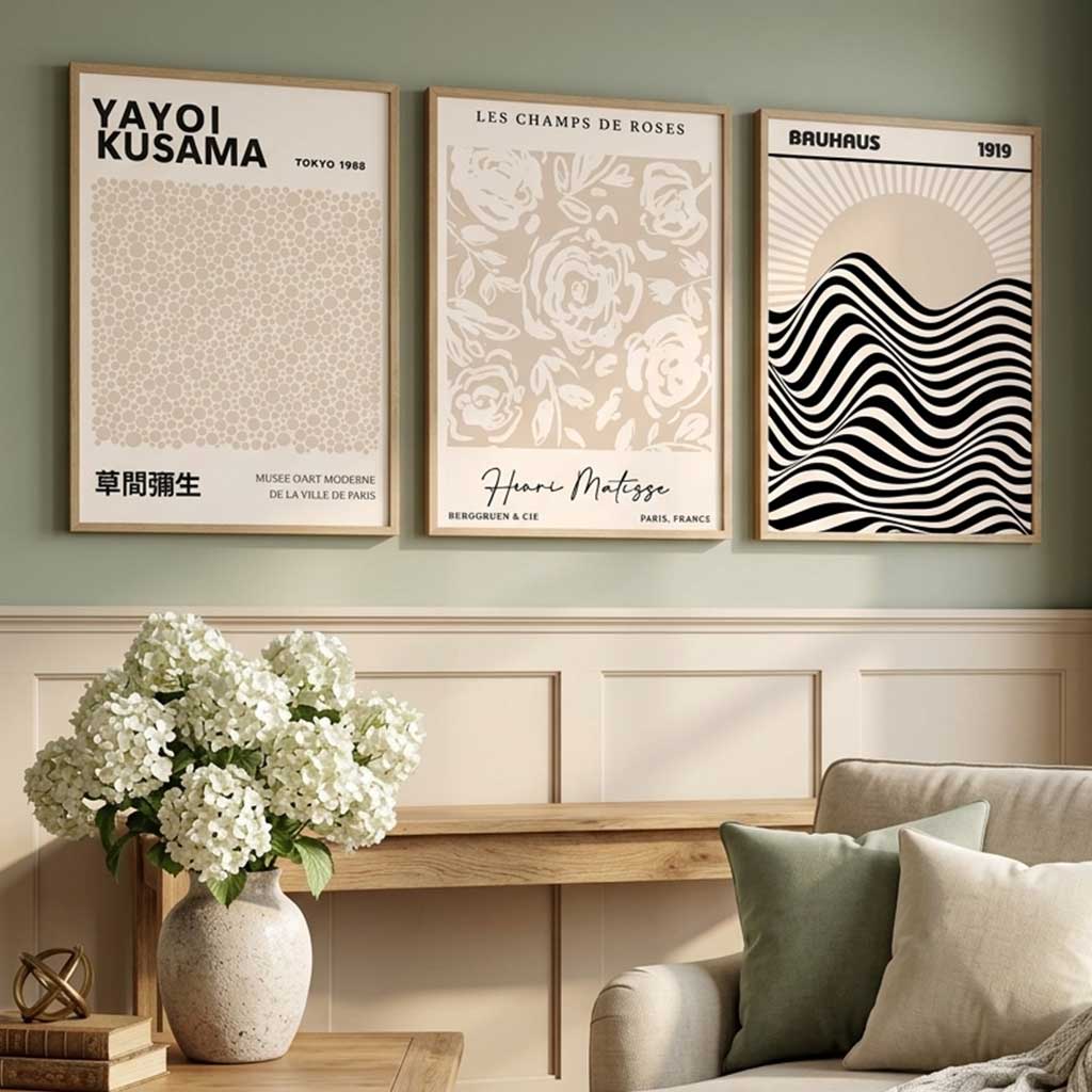 Set of 3 Kusama Japandi Modern Beige Art Prints in White Frames | Artze UK