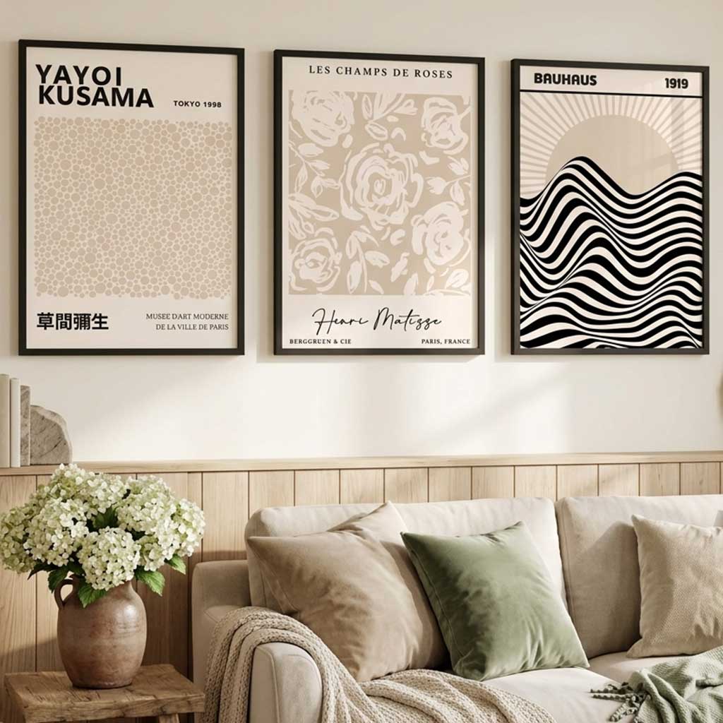 Set of 3 Kusama Japandi Modern Beige Art Prints in Oak Frames | Artze UK