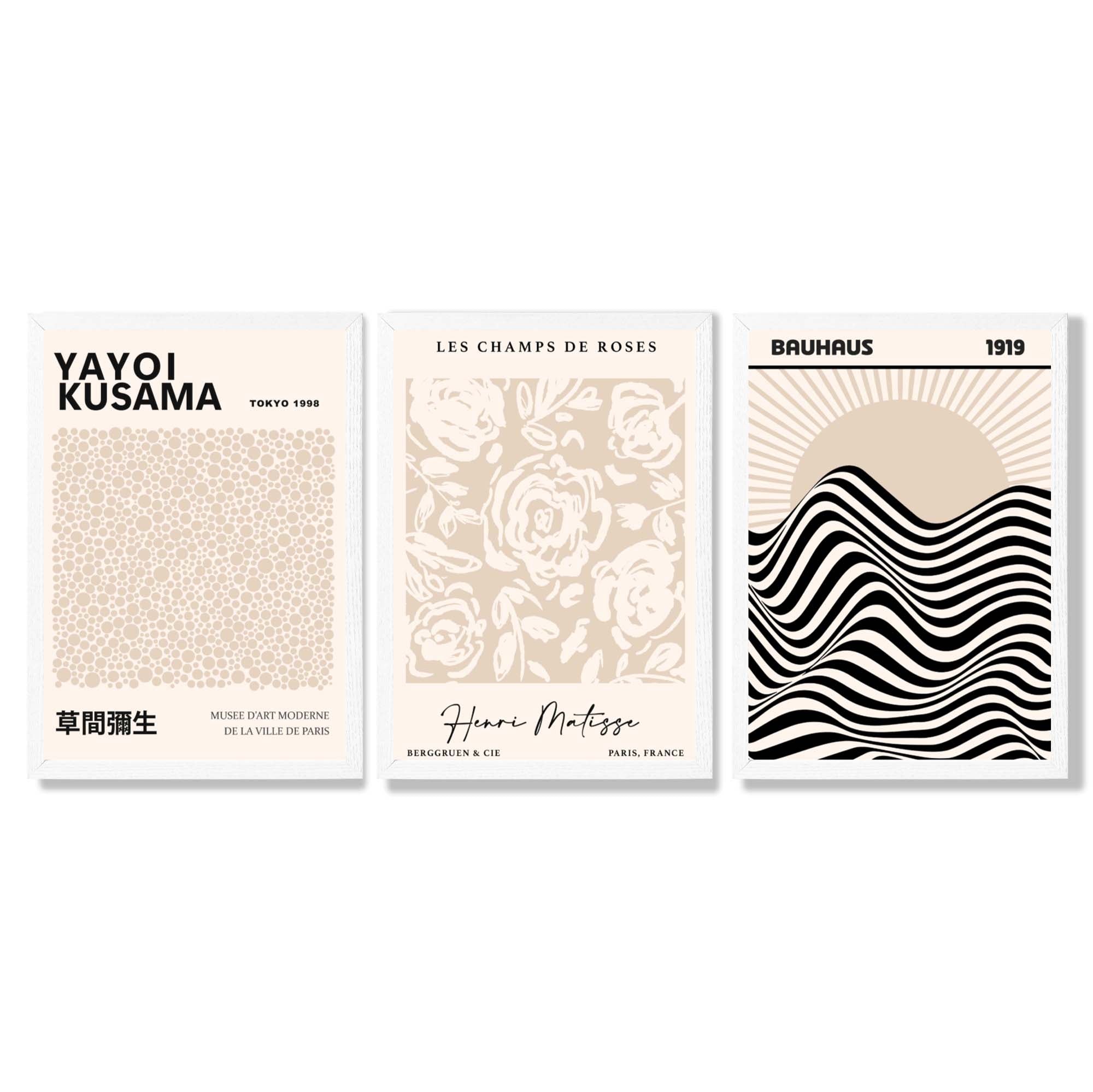Set of 3 Kusama Japandi Modern Beige Framed Wall Art with White Wooden Frames