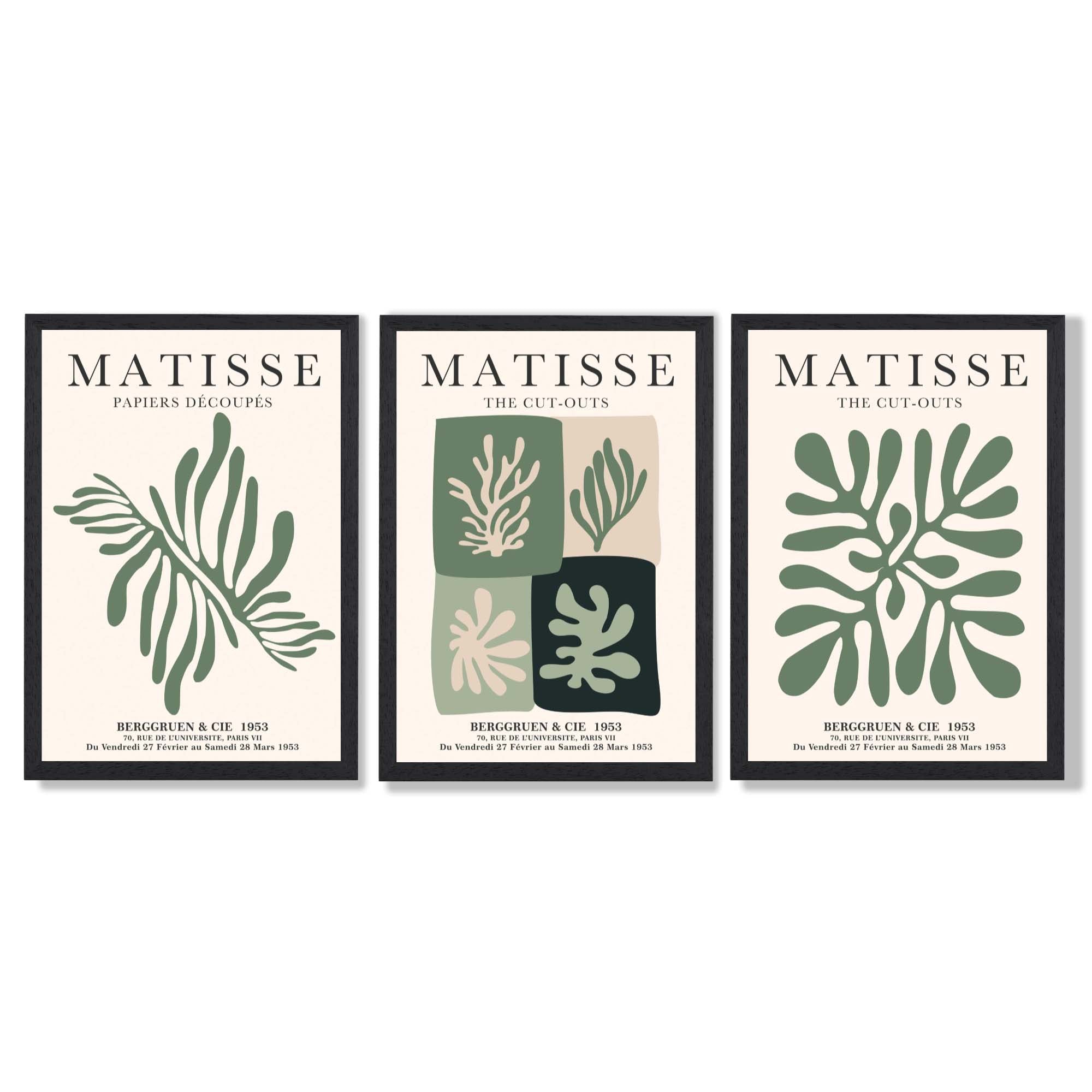 Set of 3 Green and Beige Matisse Flower Market Art Prints in Black Frames | Artze UK