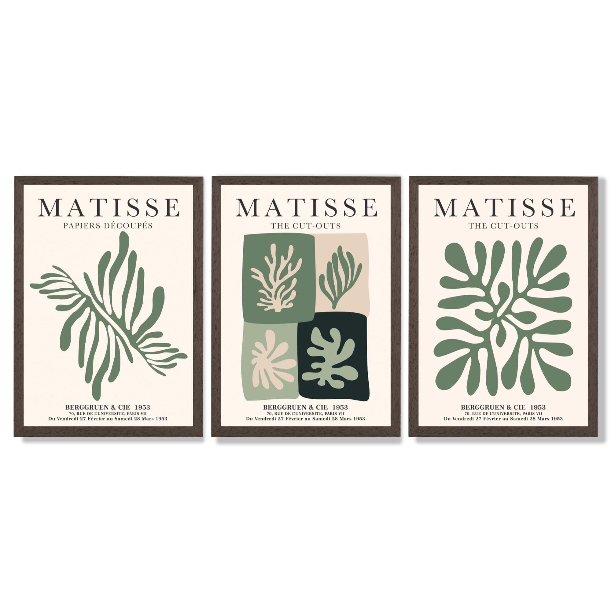 Set of 3 Green and Beige Matisse Flower Market Framed Wall Art with Dark Wood Frames