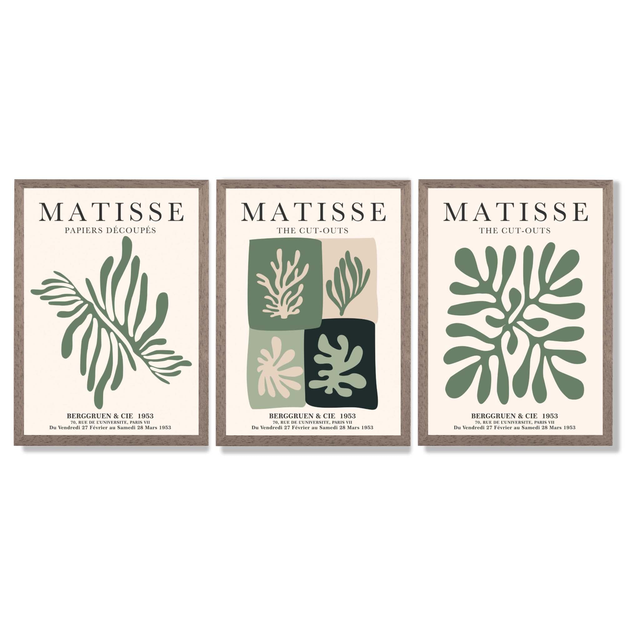 Set of 3 Green and Beige Matisse Flower Market Framed Wall Art with Light Walnut Frames