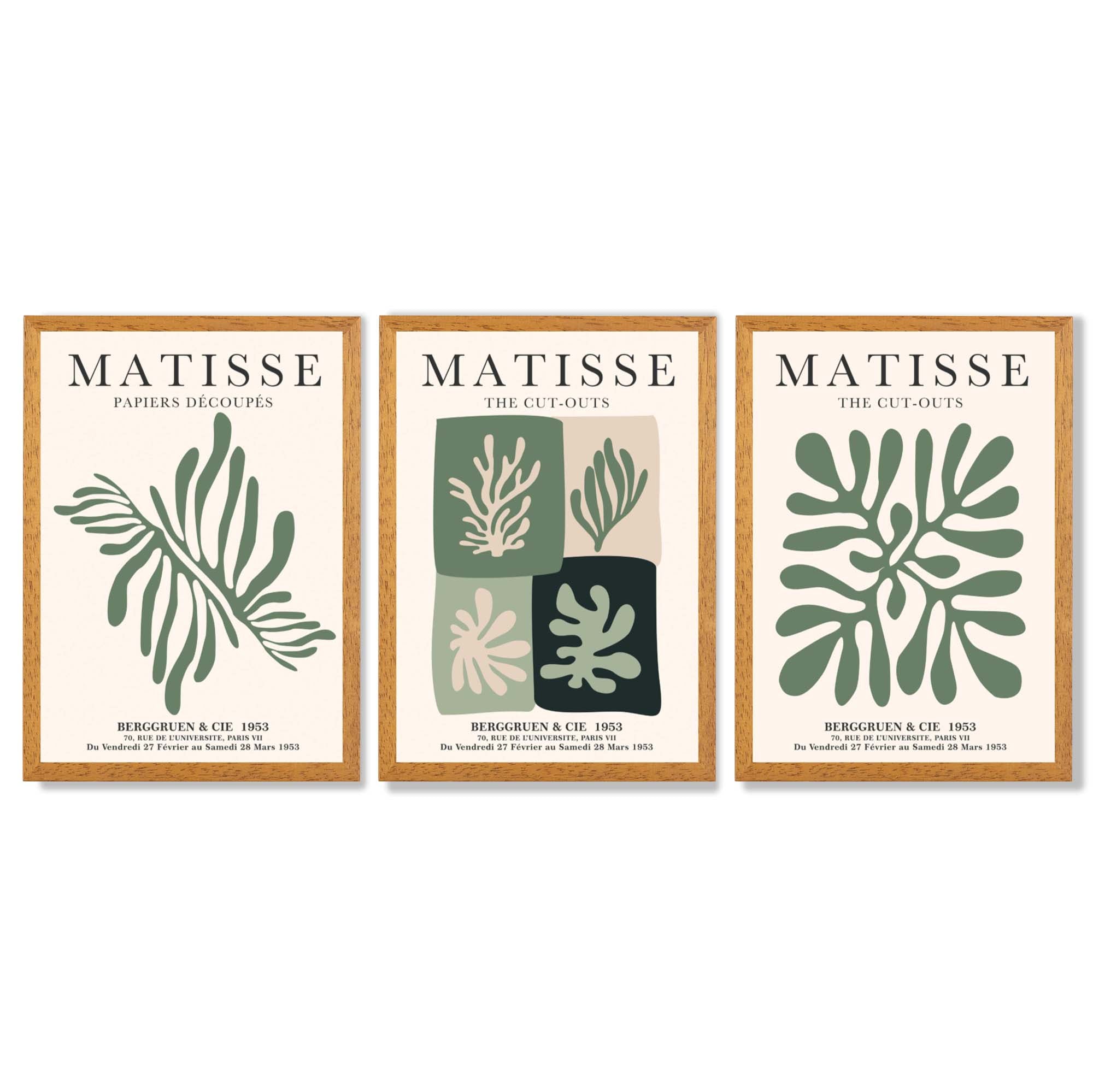 Set of 3 Green and Beige Matisse Flower Market Framed Wall Art with Oak Wooden Frames