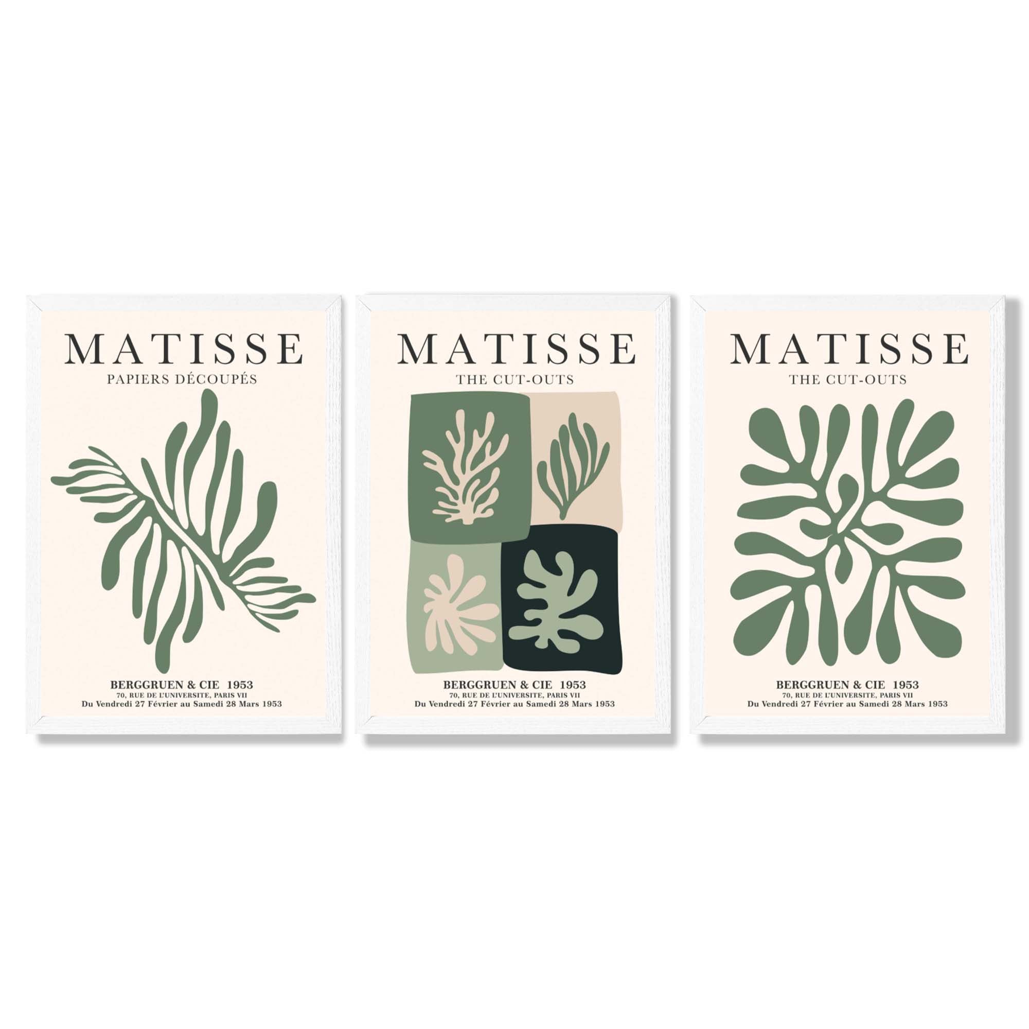 Set of 3 Green and Beige Matisse Flower Market Framed Wall Art with White Wooden Frames