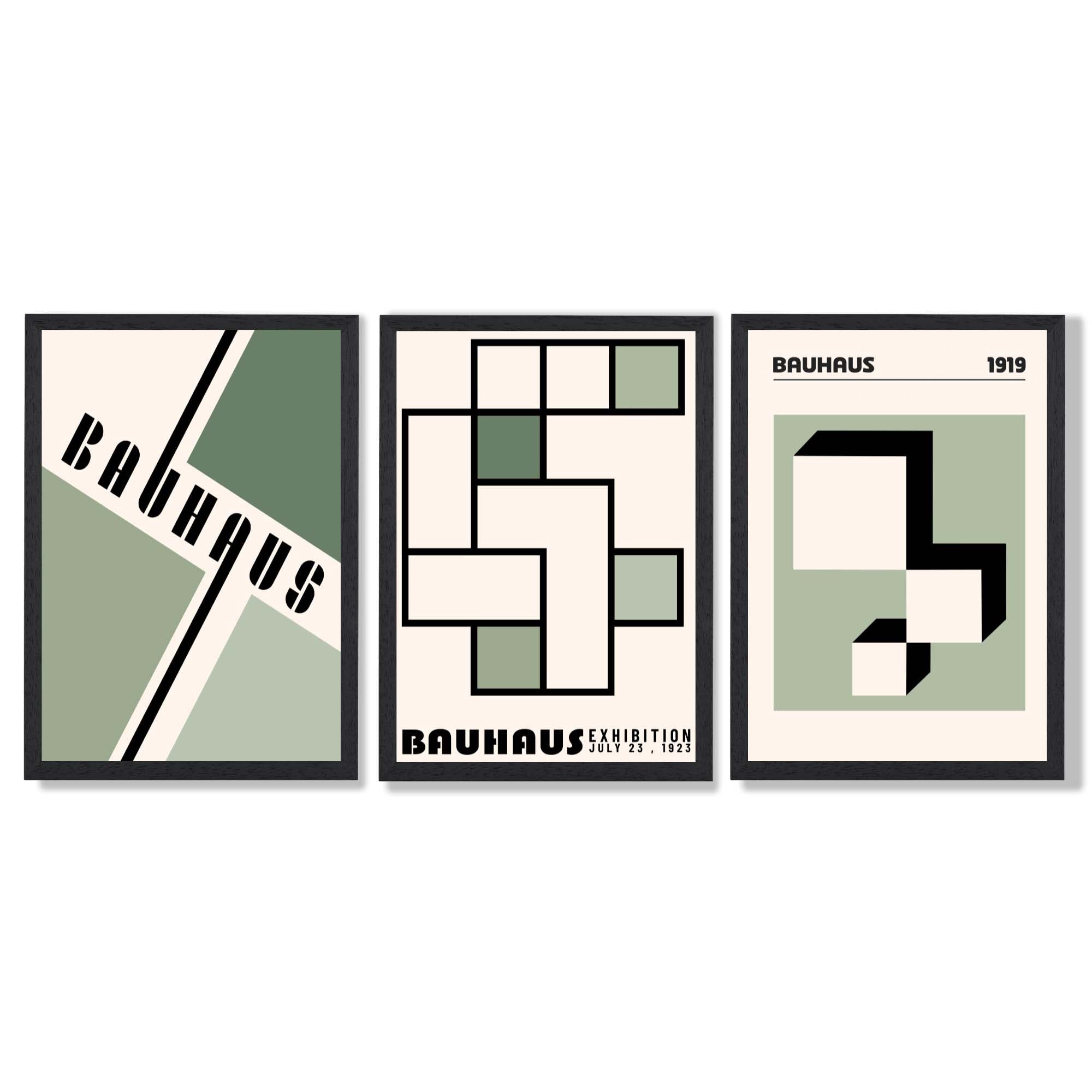 Set of 3 Bauhaus Mid Century Modern Green and Beige Art Prints in Black Frames | Artze UK