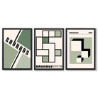 Set of 3 Bauhaus Mid Century Modern Green and Beige Framed Wall Art with Black Wooden Frames