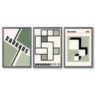 Set of 3 Bauhaus Mid Century Modern Green and Beige Framed Wall Art with Dark Grey Wooden Frames