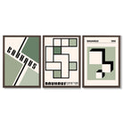 Set of 3 Bauhaus Mid Century Modern Green and Beige Framed Wall Art with Dark Wood Frames