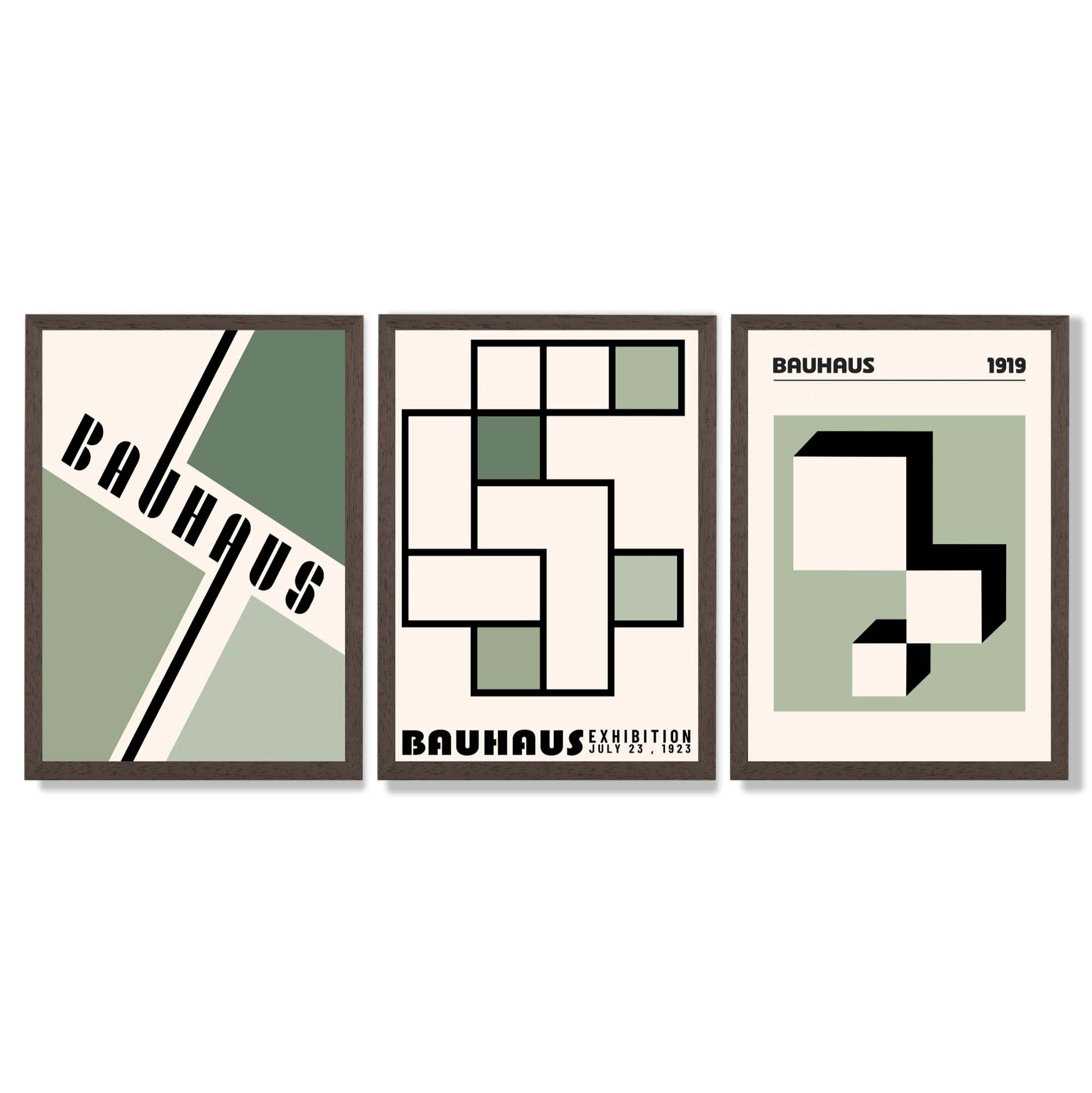 Set of 3 Bauhaus Mid Century Modern Green and Beige Framed Wall Art with Dark Wood Frames