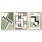 Set of 3 Bauhaus Mid Century Modern Green and Beige Framed Wall Art with Gold Wood Frames