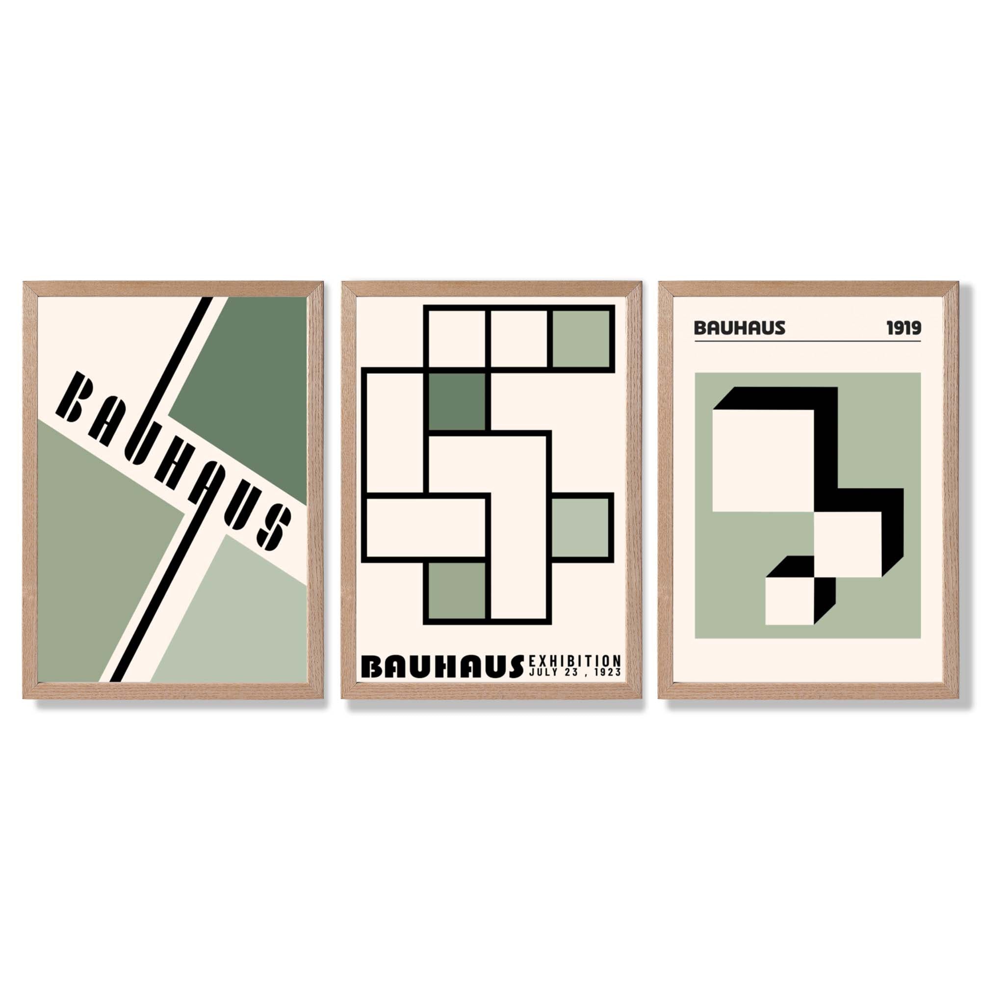 Set of 3 Bauhaus Mid Century Modern Green and Beige Framed Wall Art with Light Oak Frames