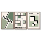 Set of 3 Bauhaus Mid Century Modern Green and Beige Framed Wall Art with Light Walnut Frames