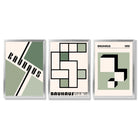 Set of 3 Bauhaus Mid Century Modern Green and Beige Framed Wall Art with Silver Wood Frames
