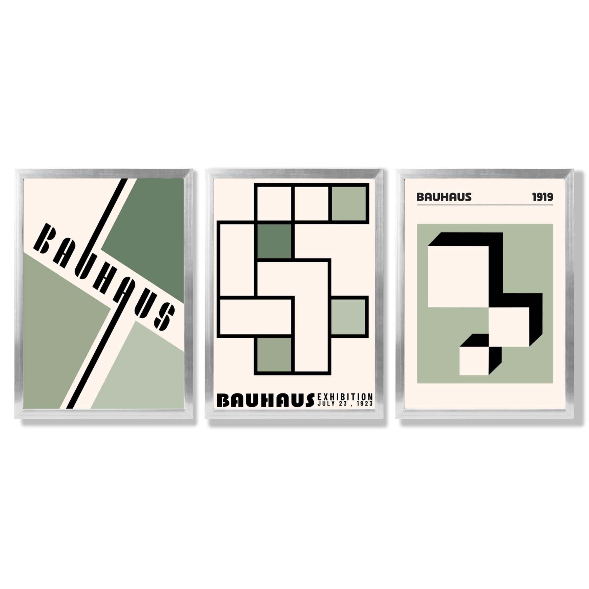 Set of 3 Bauhaus Mid Century Modern Green and Beige Framed Wall Art with Silver Wood Frames