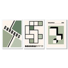 Set of 3 Bauhaus Mid Century Modern Green and Beige Framed Wall Art with White Wooden Frames