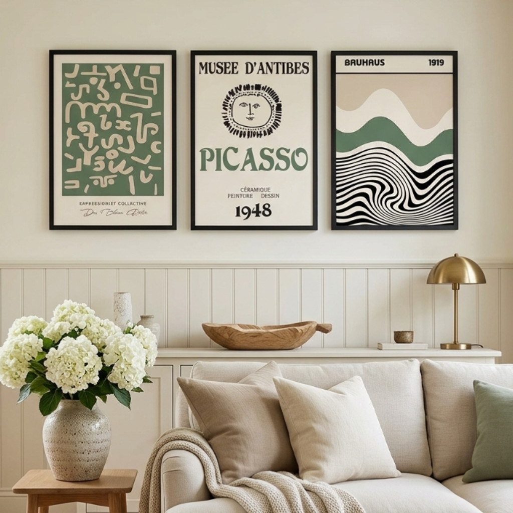 Three framed art prints featuring Picasso-themed designs hang on a cream wall above a beige sofa in a bright, modern living room. The prints have green, black, and white abstract and wavy patterns.