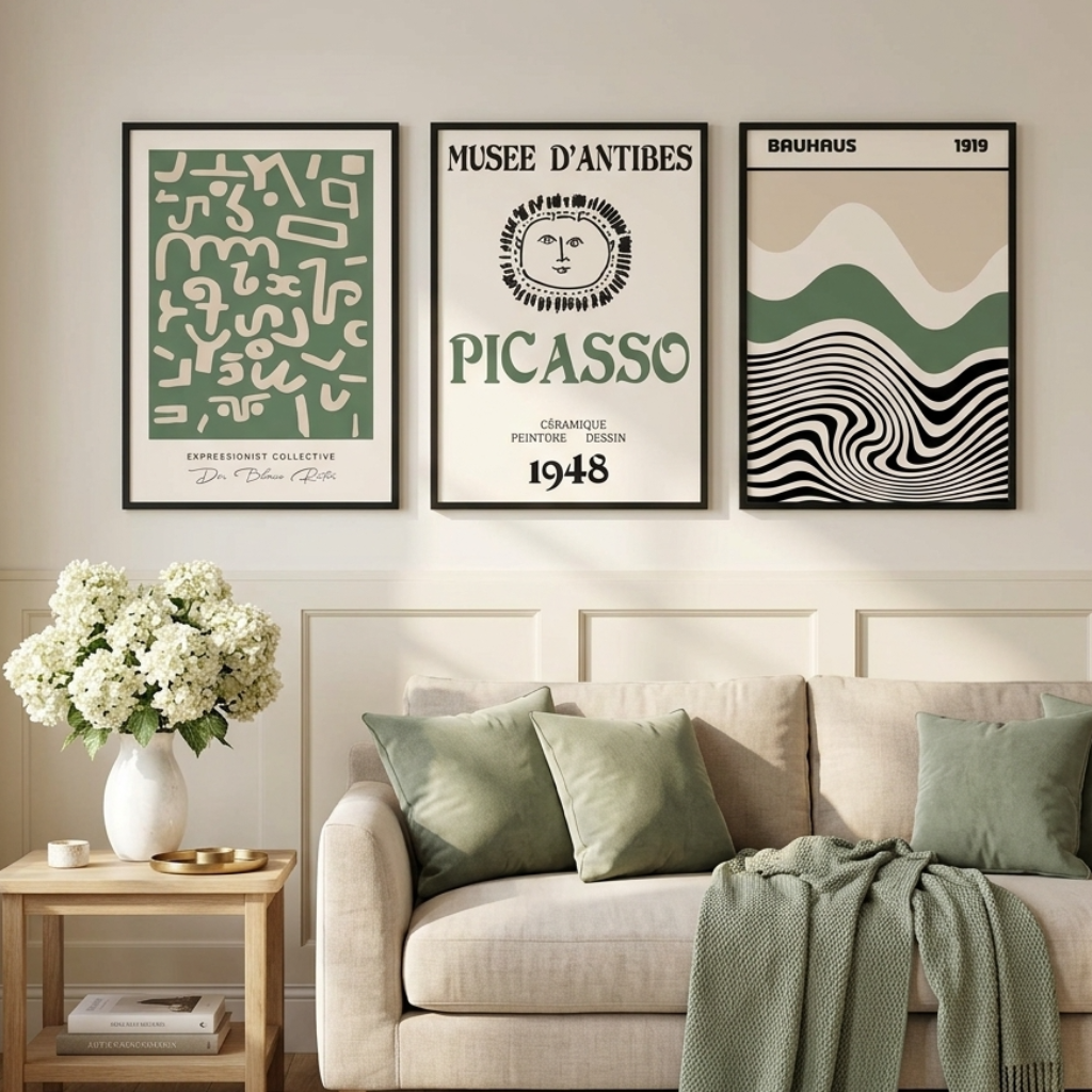 Three framed wall art prints hang above a beige sofa in a styled living room. The prints feature abstract green, black, and cream designs with text including 'MUSÉE D'ANTIBES', 'PICASSO', and 'BAUHAUS'.